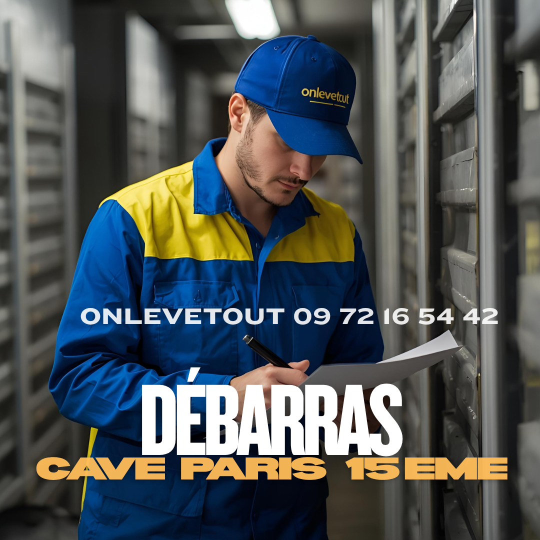 Équipe professionnelle OnLevetout effectuant un débarras de cave dans le 15ème arrondissement de Paris avec camion et matériel