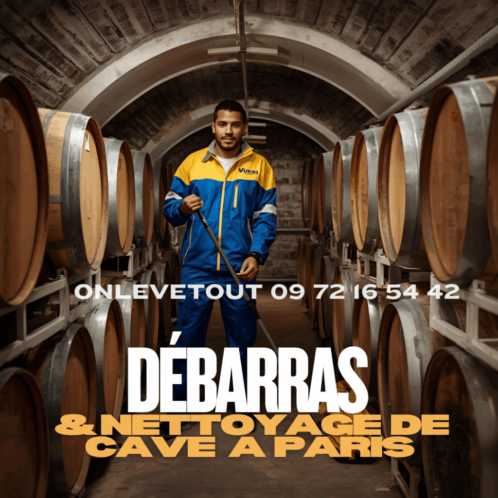 Équipe OnLevetout en train de nettoyer une cave parisienne avec équipement professionnel et produits de nettoyage